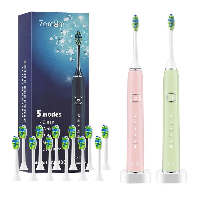 7AM2M Electric Toothbrush 2 Pack Set for Kids and Adults, 12 Brush Heads,5 Adjustable Modes, Built-in 2-Minute Smart Timer, Wireless Fast Charge for 60 Days,IPX7Waterproof SonicToothbrush(Green+Pink) - Image 1